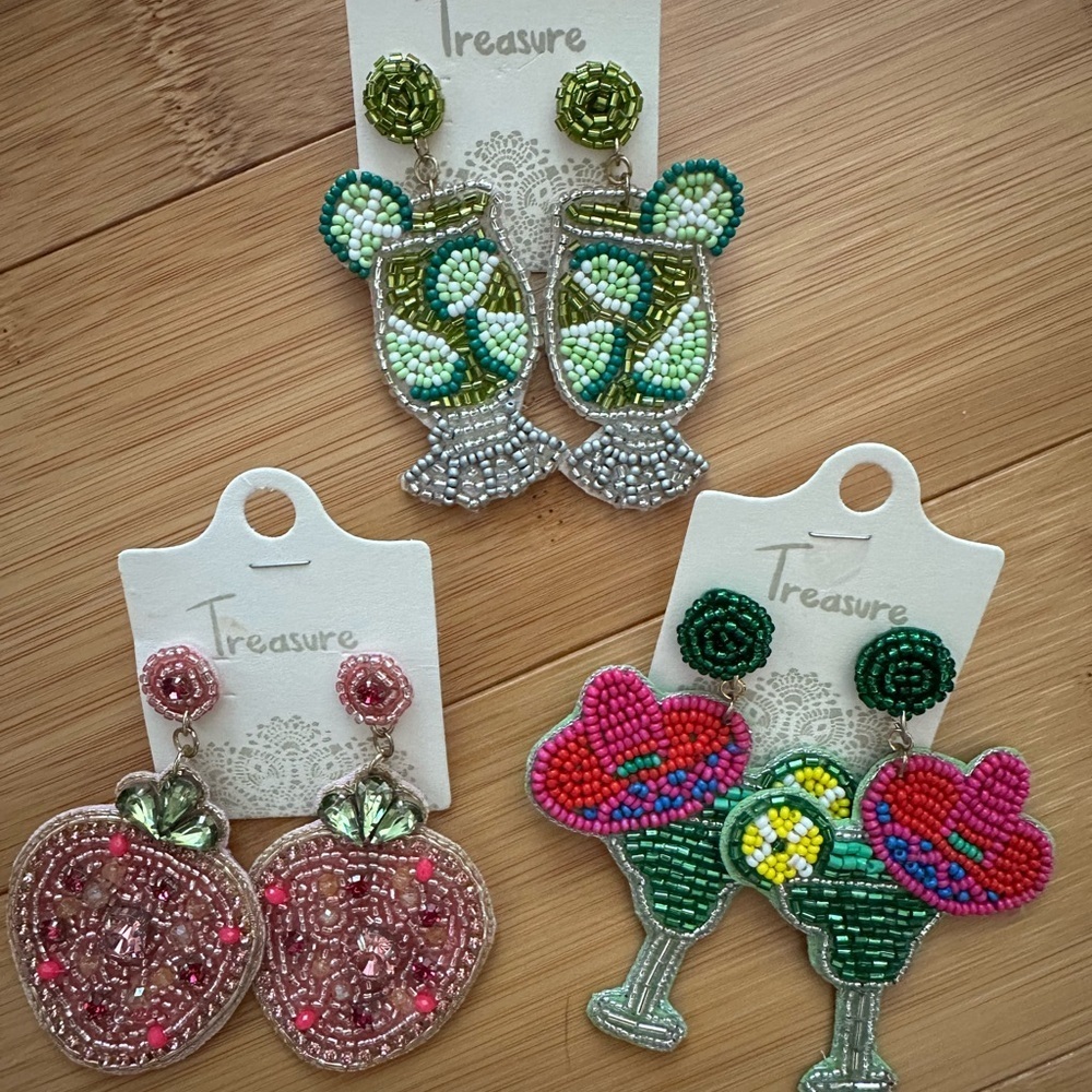 Beaded Statement earrings - Margarita, Strawberry, and Cocktail - set of 3!